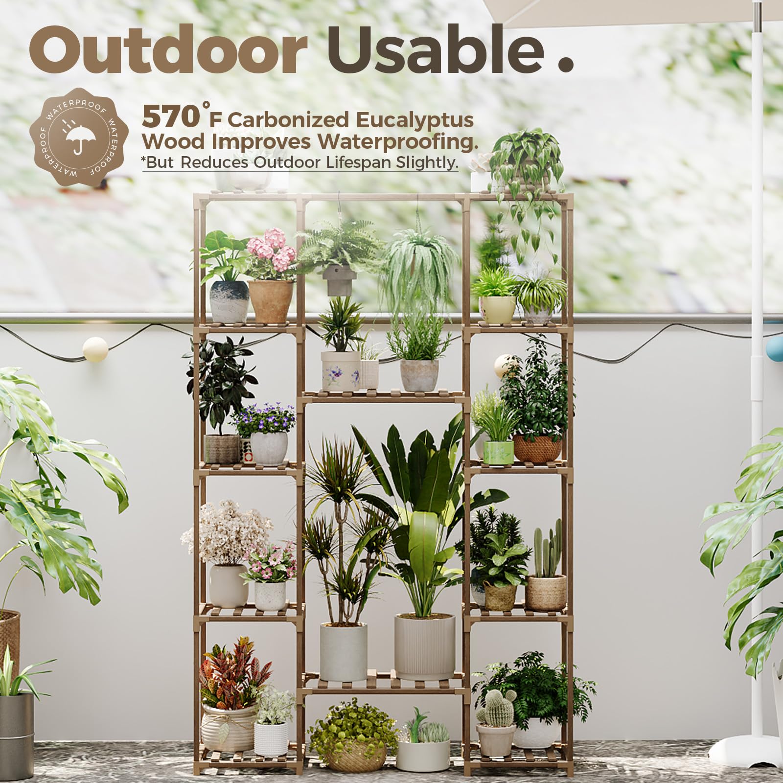 Close-up of Bamworld carbonized eucalyptus wood finish on plant stand