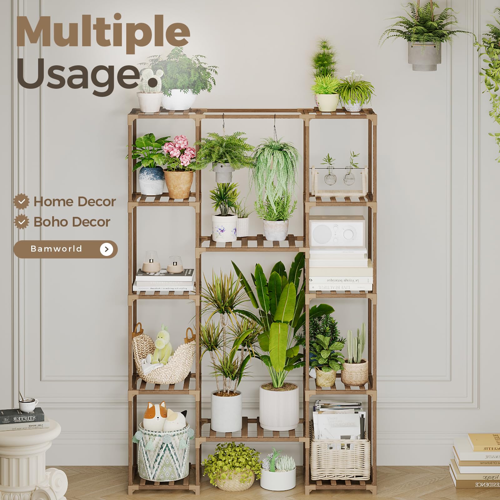 Middle hanging section of Bamworld plant stand with trailing plants