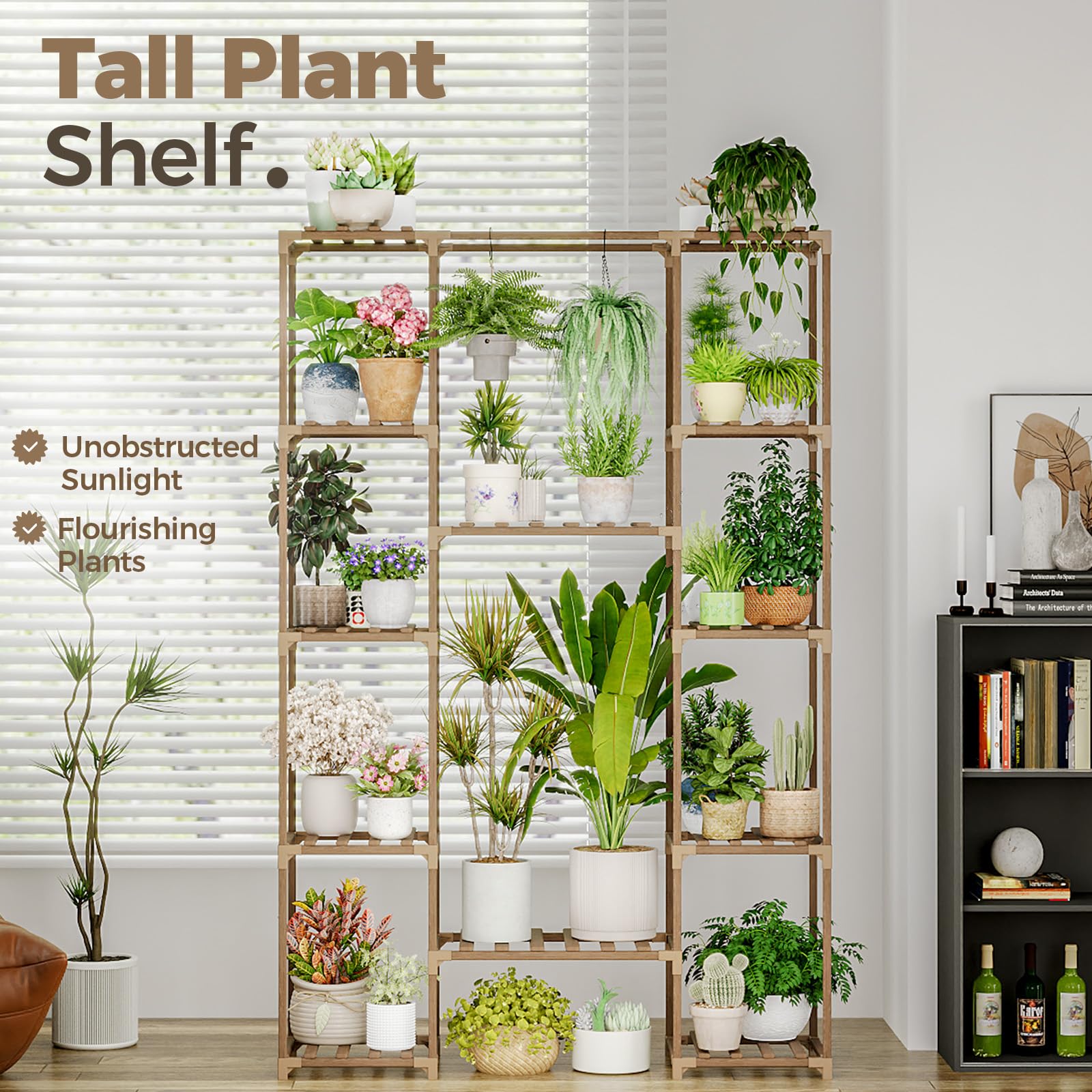 Bamworld plant stand side view showing vertical storage and hanging area