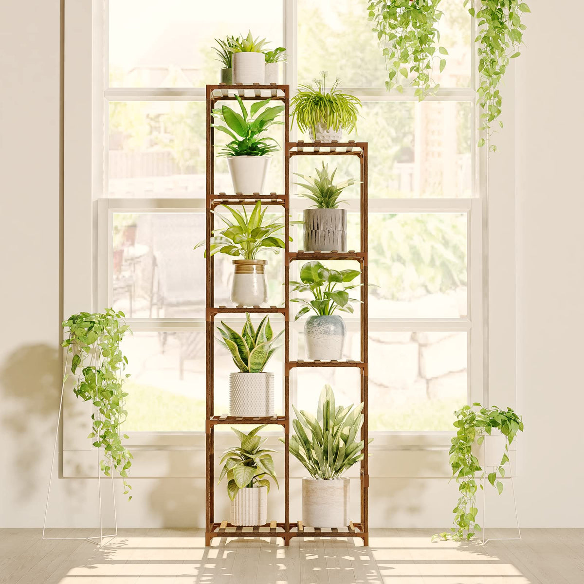 Bamworld 62-inch tall plant stand shown indoors and outdoors for space-saving vertical display