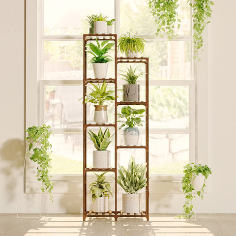 Bamworld 62-inch tall plant stand shown indoors and outdoors for space-saving vertical display