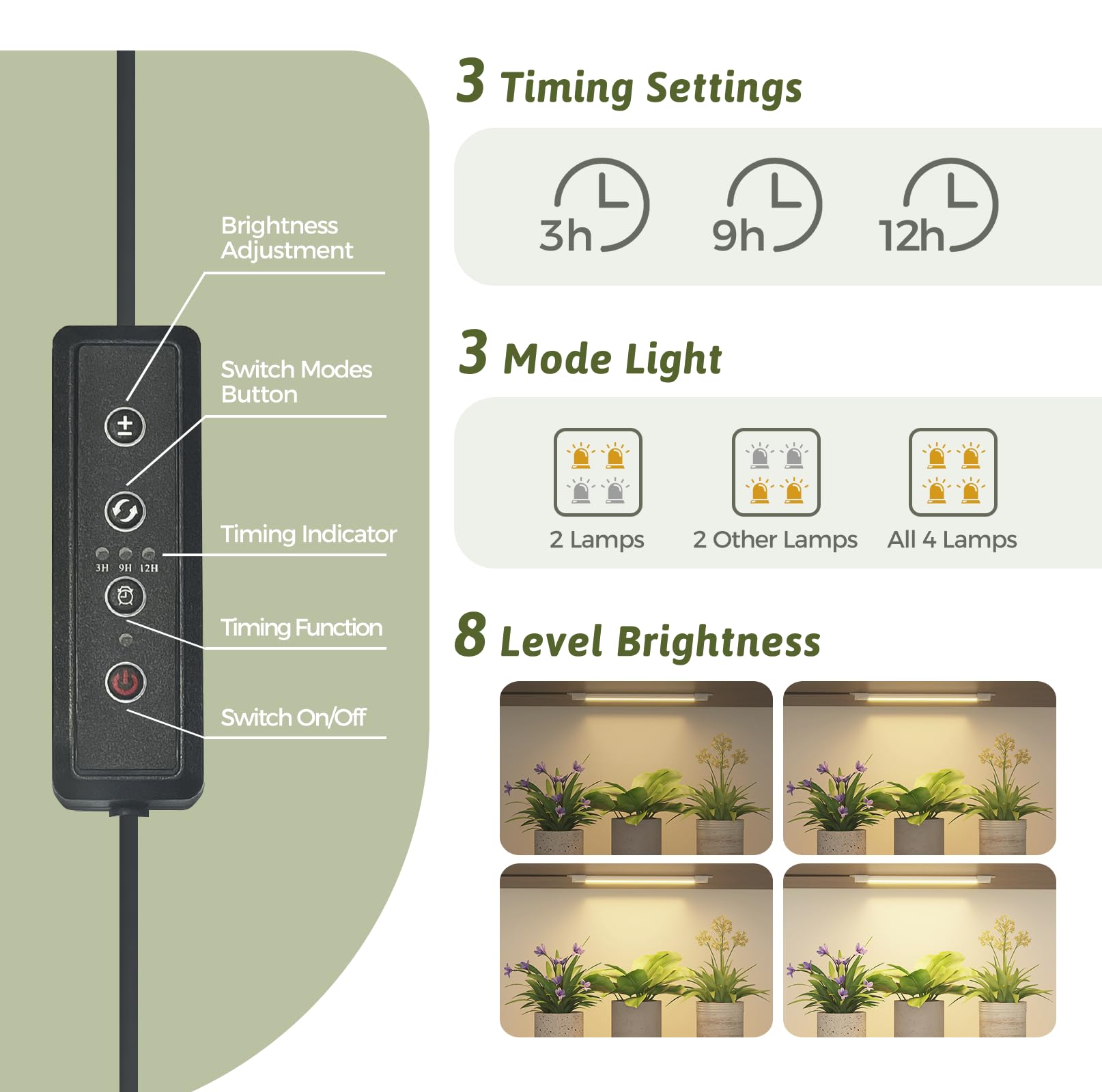 Bamworld grow light with 8 brightness levels and timer for customized schedules