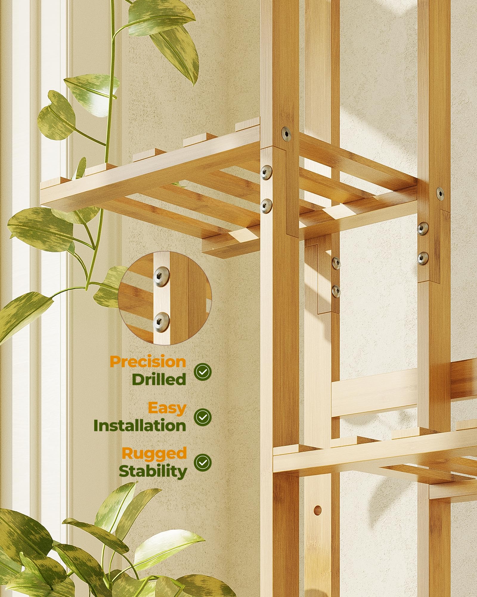 Bamworld plant stand close-up shows natural bamboo texture and finish
