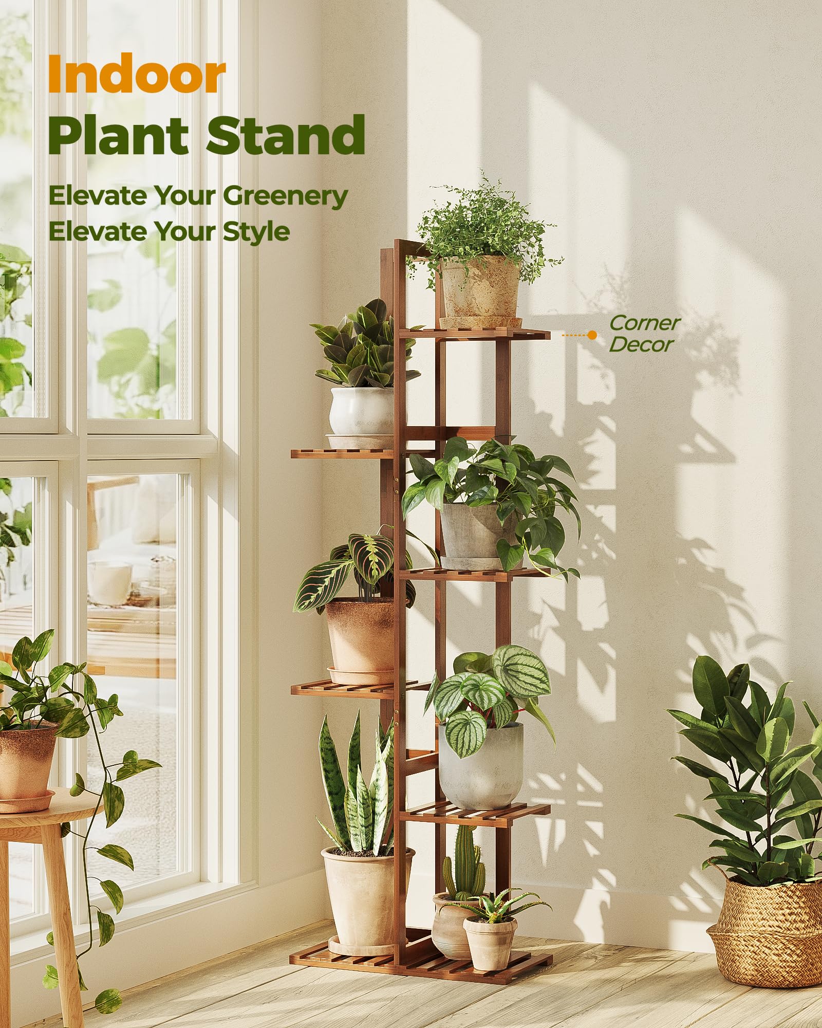 Bamworld bamboo plant stand placed in a corner to maximize small spaces and light variety.