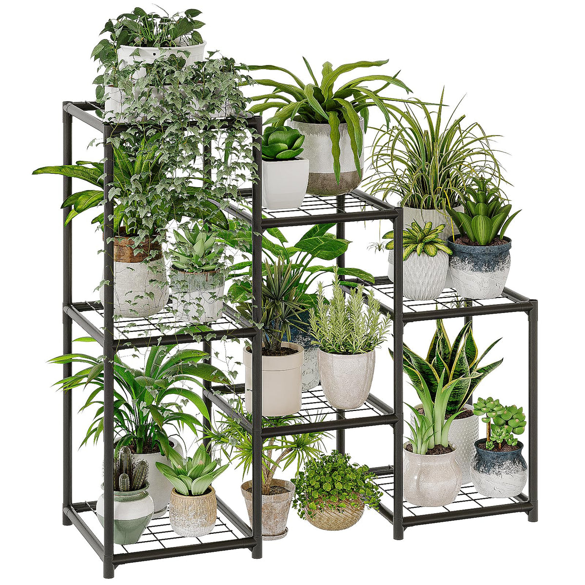 Bamworld black 3-tier plant stand ladder displaying sunlit indoor pots for space-saving decor
