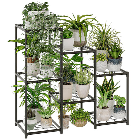 Bamworld black 3-tier plant stand ladder displaying sunlit indoor pots for space-saving decor