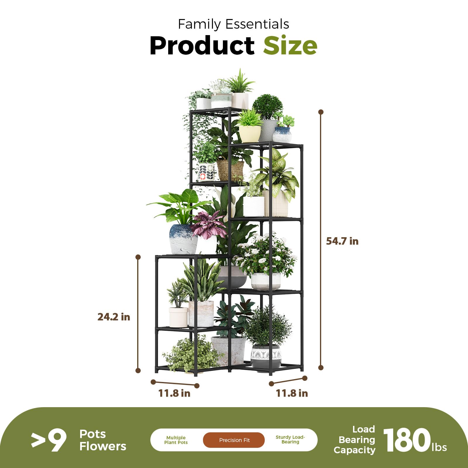 Bamworld black plant stand with eight shelves holding multiple pots up close.