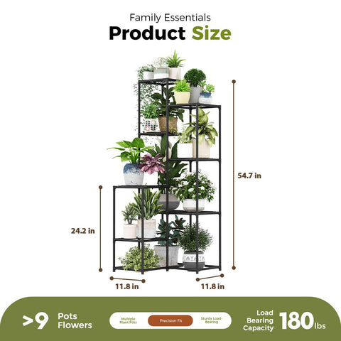 Bamworld black plant stand with eight shelves holding multiple pots up close.