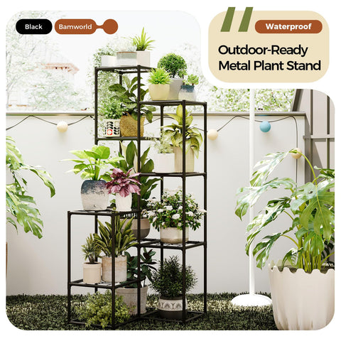 Bamworld plant stand installed in a living room corner for space-saving display.