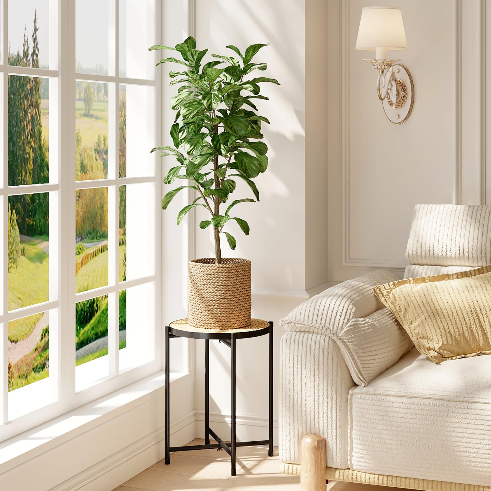 Bamworld boho rattan plant stand with woven texture adds chic greenery decor.