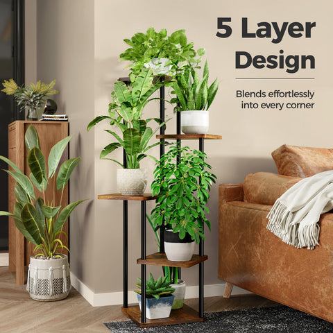 Bamworld brown 4-tier plant rack arranged with small potted plants.