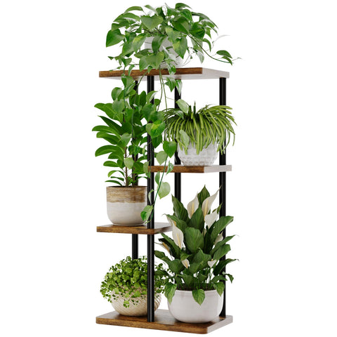 Bamworld brown corner four tier plant stand displaying multiple plants in a cozy living room