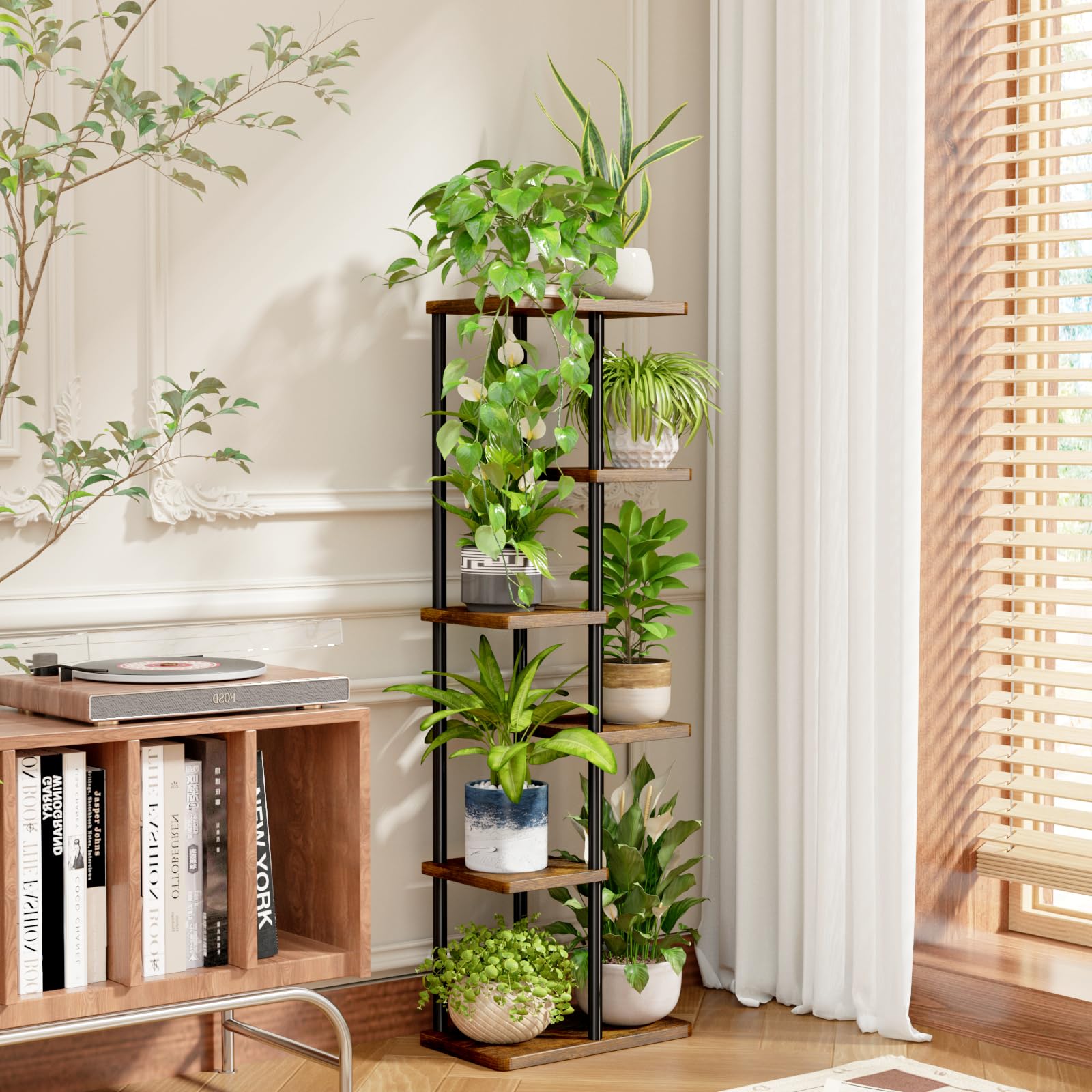 Bamworld brown-finish plant stand adds warm, contemporary style to living rooms.