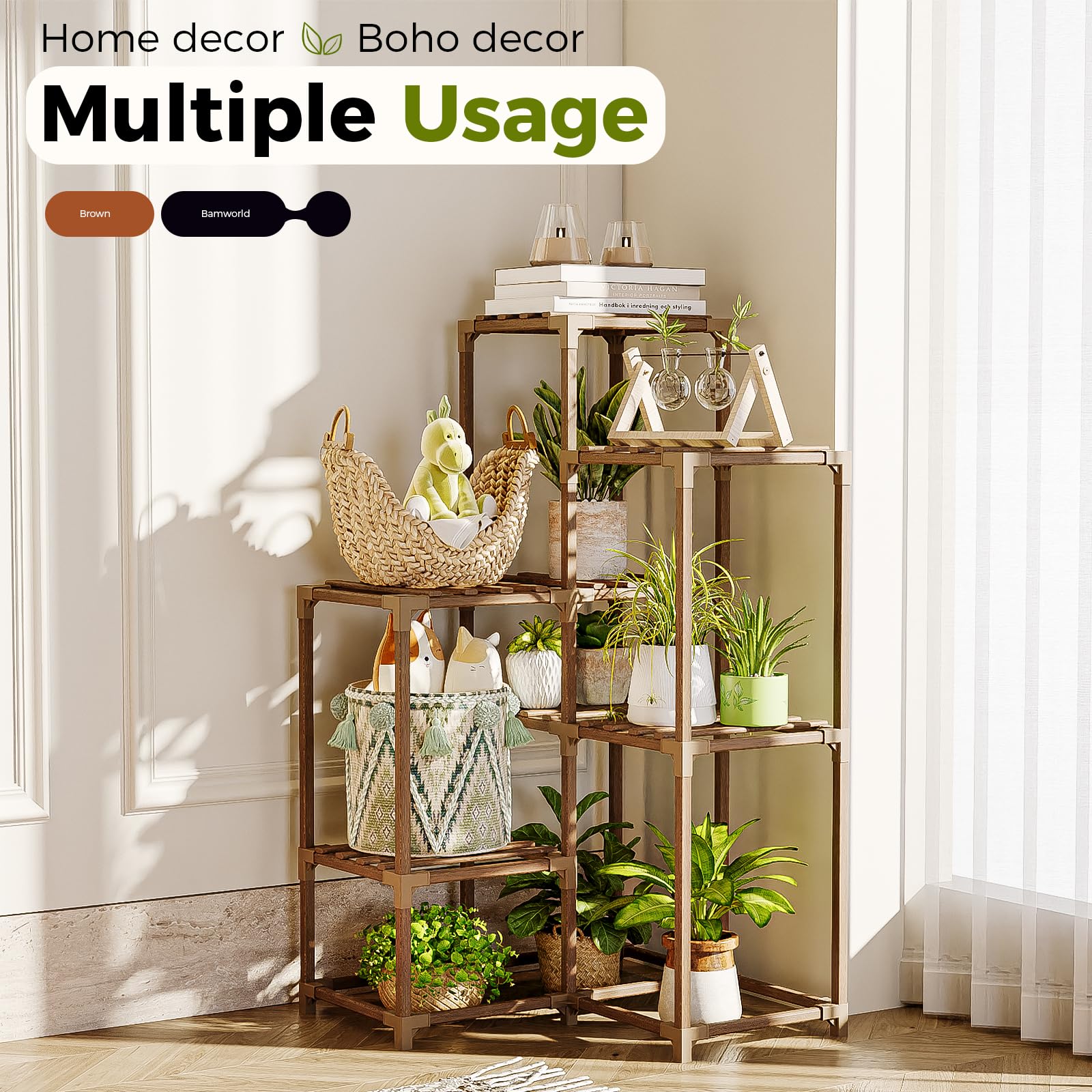 Bamworld carbonized eucalyptus wood stand offers durable plant support.