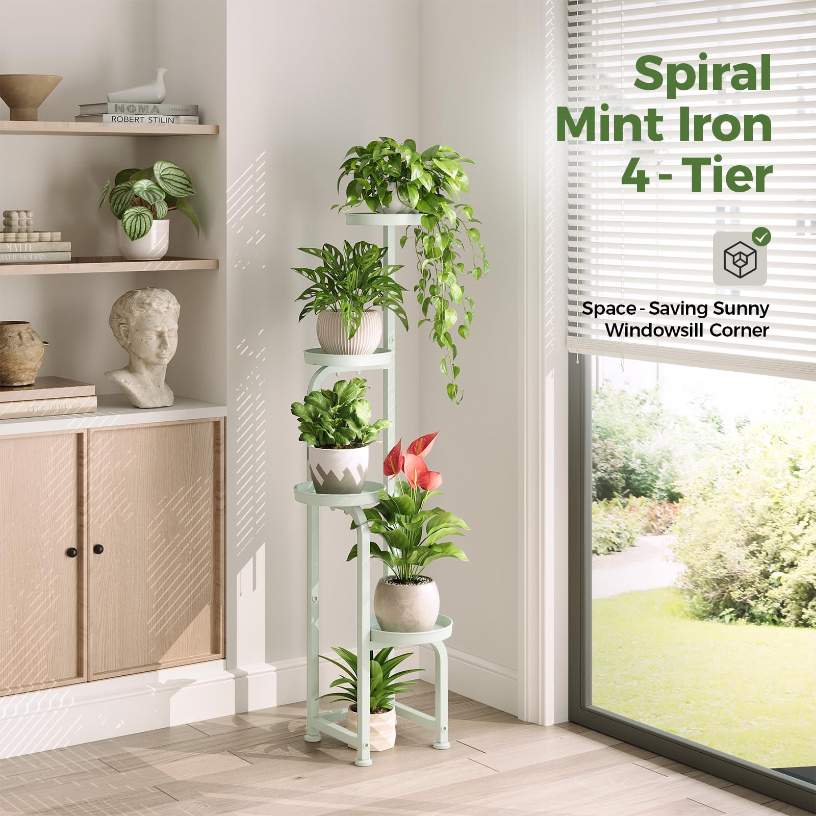 Bamworld corner plant stand 4-tier mint green drainage tray detail supports healthy drainage