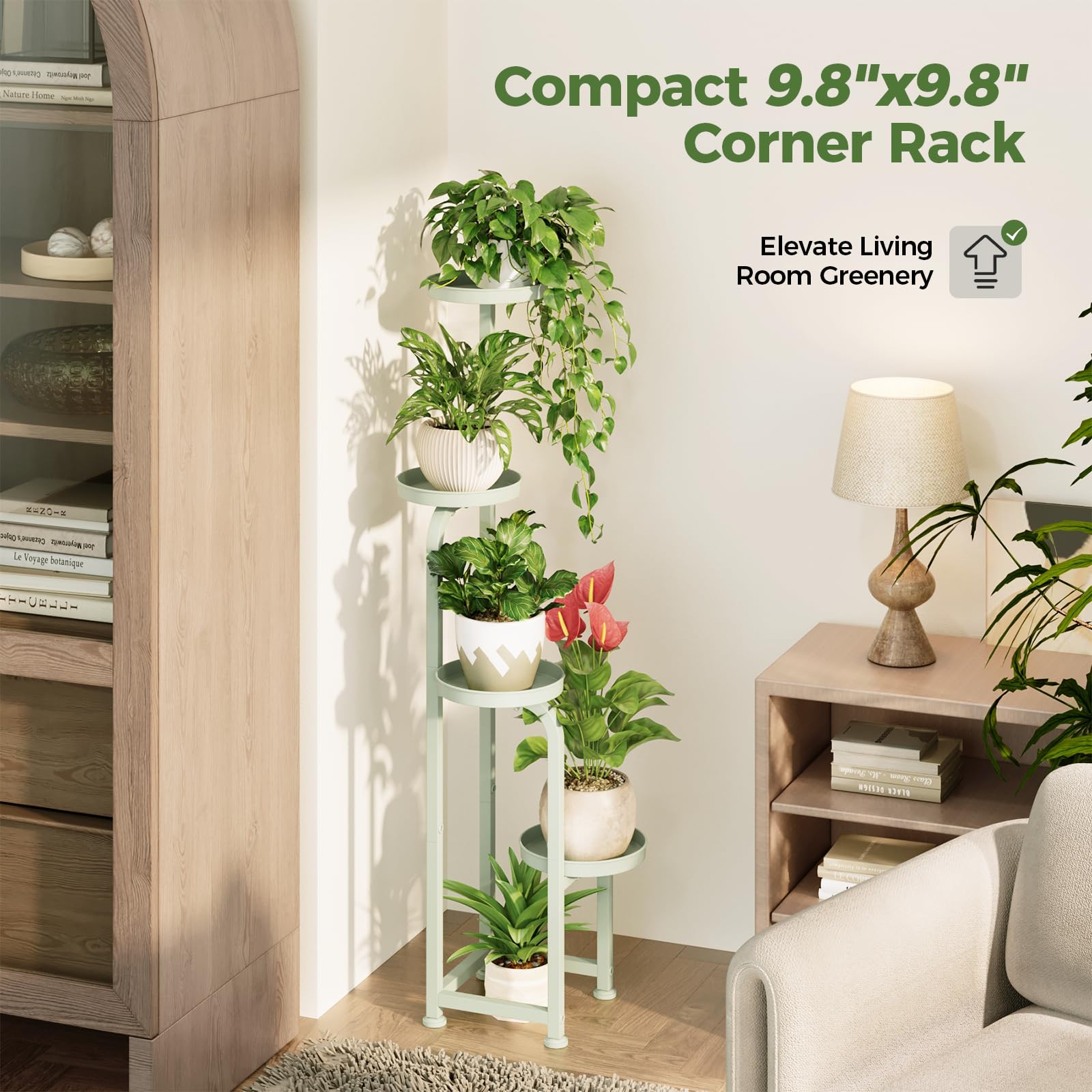 Bamworld mint green four-tier corner stand assembled and ready for indoor or outdoor use