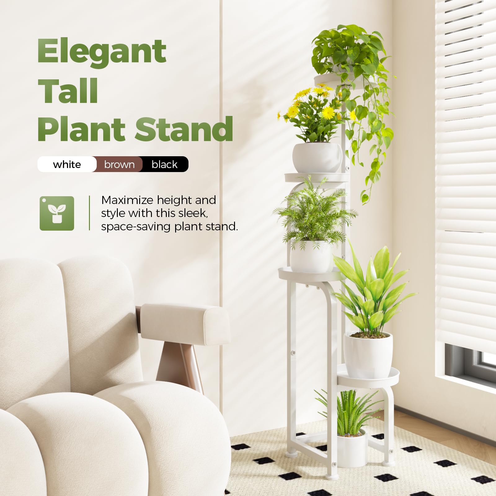 Bamworld Corner Plant Stand side view highlights sturdy white metal construction.
