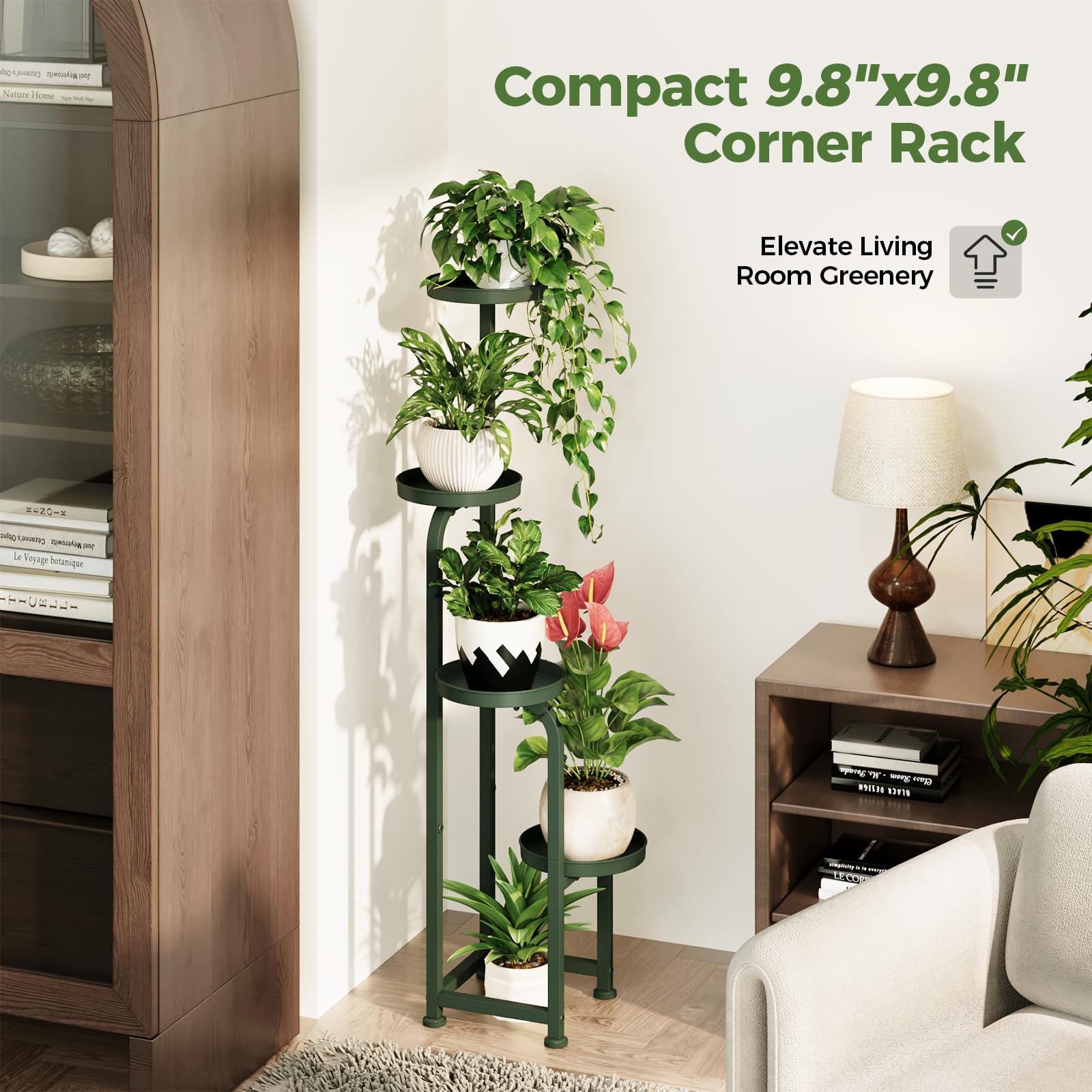 Bamworld Corner Plant Stand tall, four-tier design for versatile plant grouping.