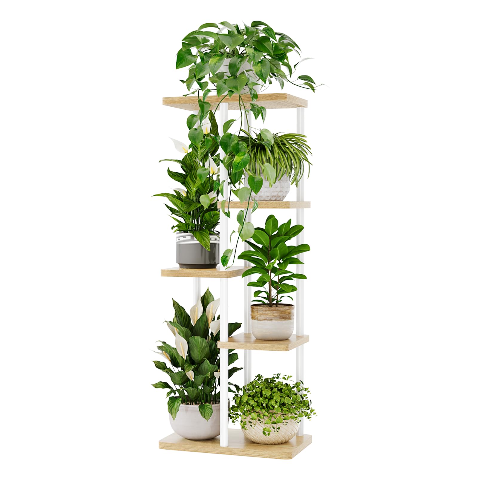 Bamworld corner plant stand 5-tier white highlights space-saving vertical display for plants.