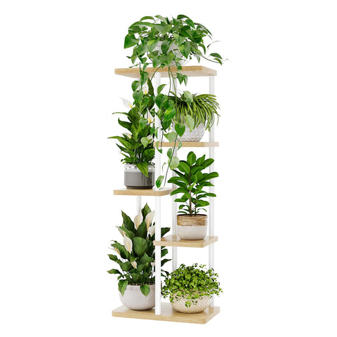 Bamworld corner plant stand 5-tier white highlights space-saving vertical display for plants.