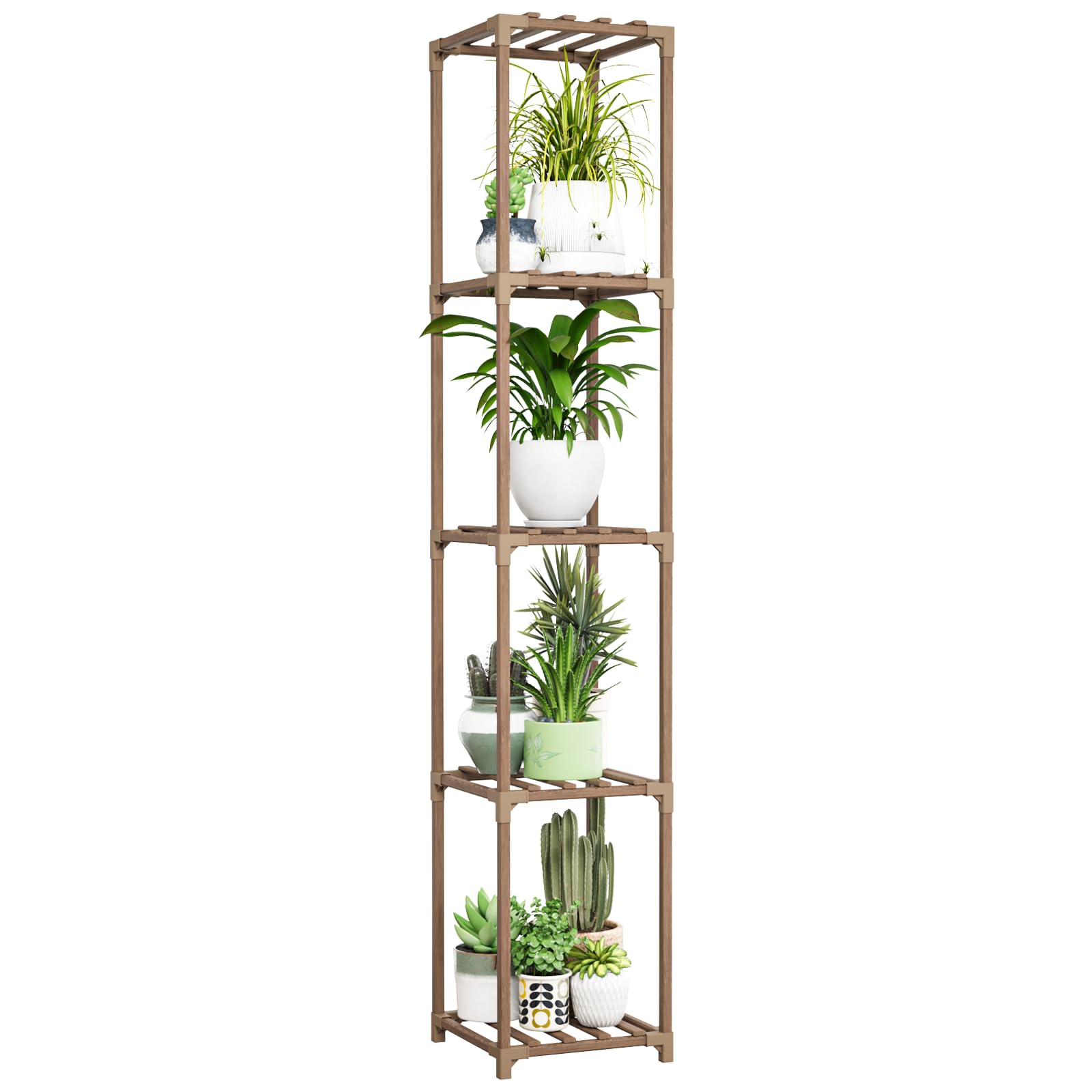 Bamworld corner plant stand 62-inch side view demonstrates space-saving corner placement for greenery.