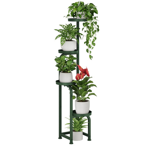 Bamworld Corner Plant Stand with four-tier dark-green shelves for compact indoor or outdoor display.