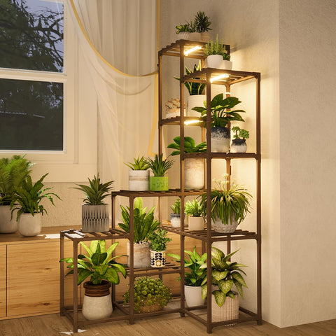 Bamworld corner plant stand with grow light panel for healthier seedlings.