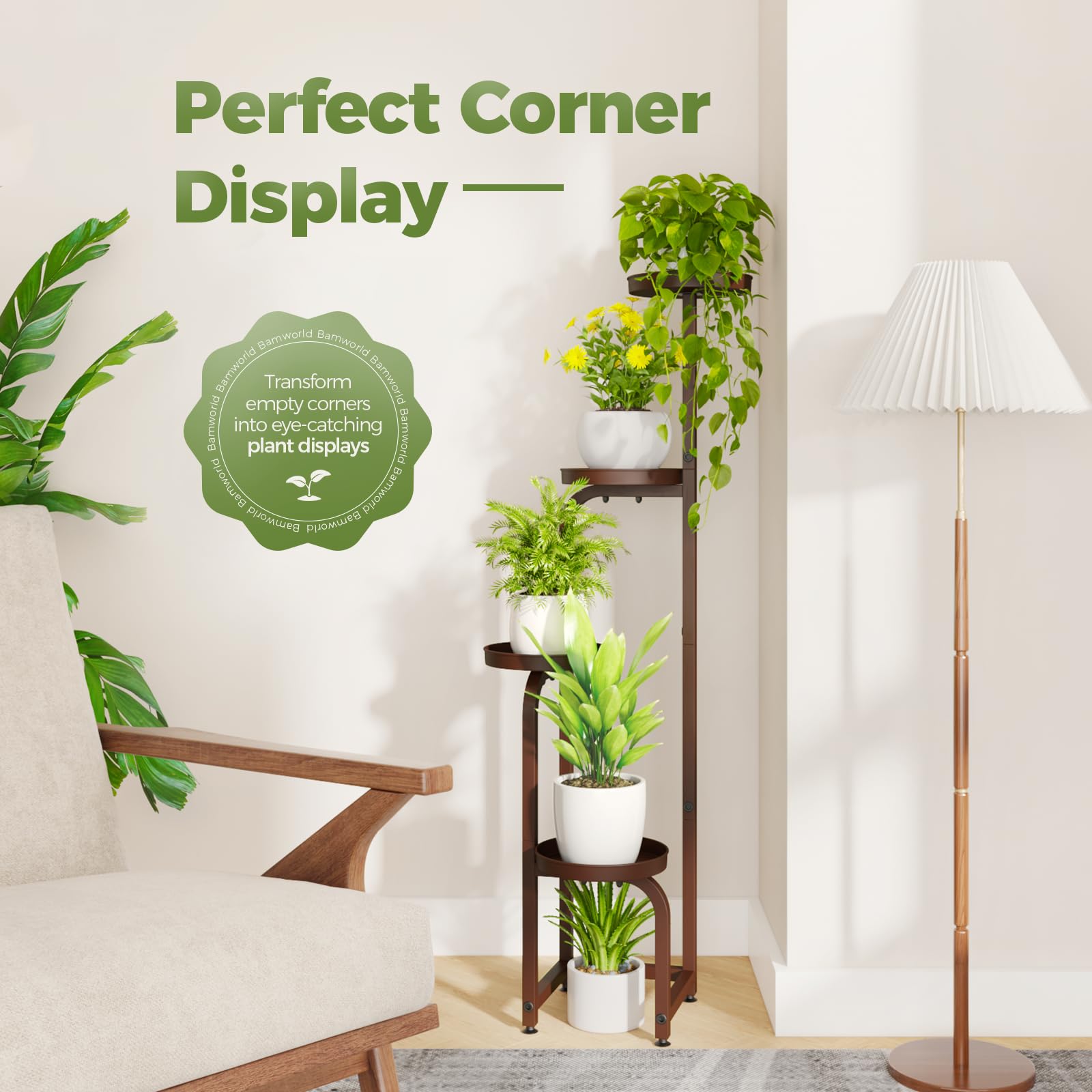 Bamworld corner plant stand indoor setup for living rooms with stable metal construction