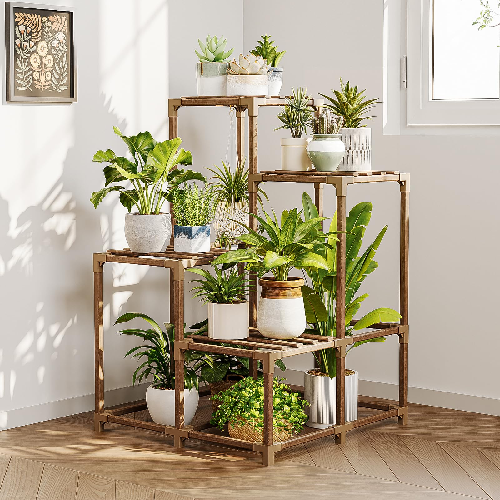Bamworld corner plant stand in wooden finish saving space in small rooms