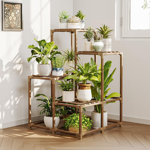 Bamworld corner plant stand in wooden finish saving space in small rooms