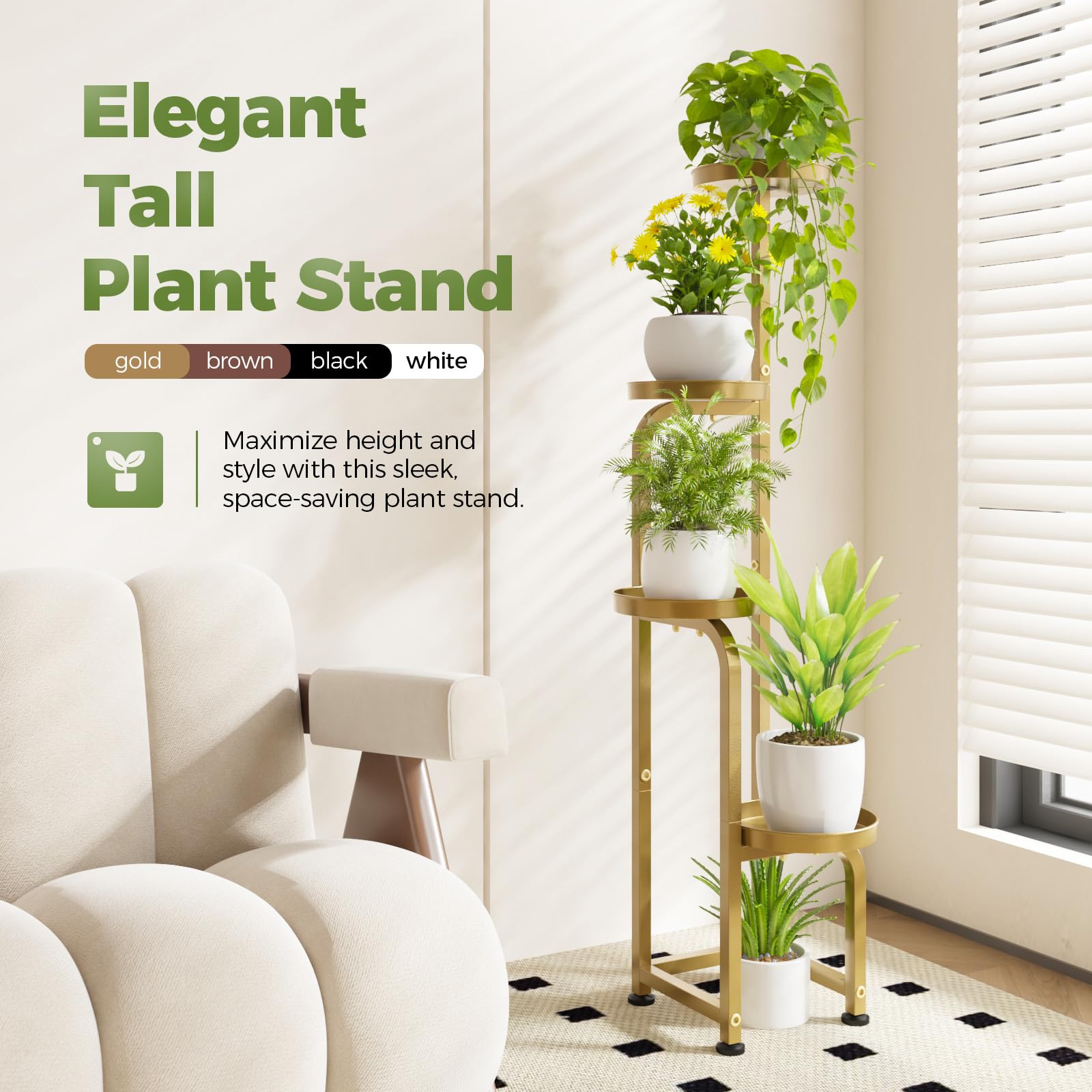 Bamworld four-tier gold shelf offers stylish vertical display indoors or outdoors.