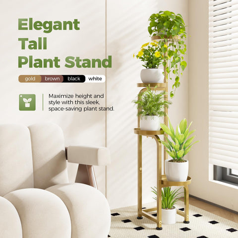 Bamworld four-tier gold shelf offers stylish vertical display indoors or outdoors.