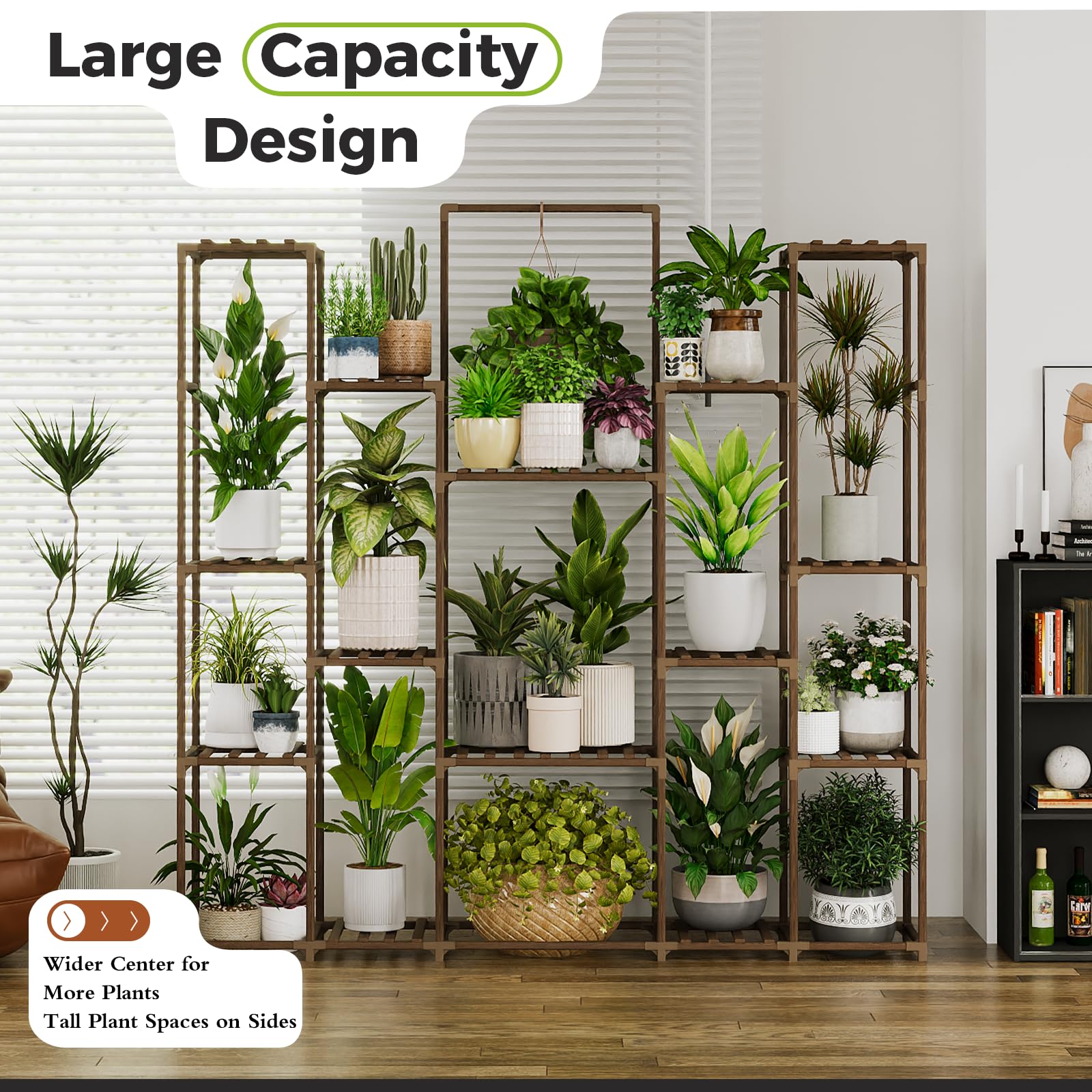 Bamworld garden display provides organized multi-tier pot arrangement.