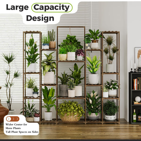 Bamworld garden display provides organized multi-tier pot arrangement.