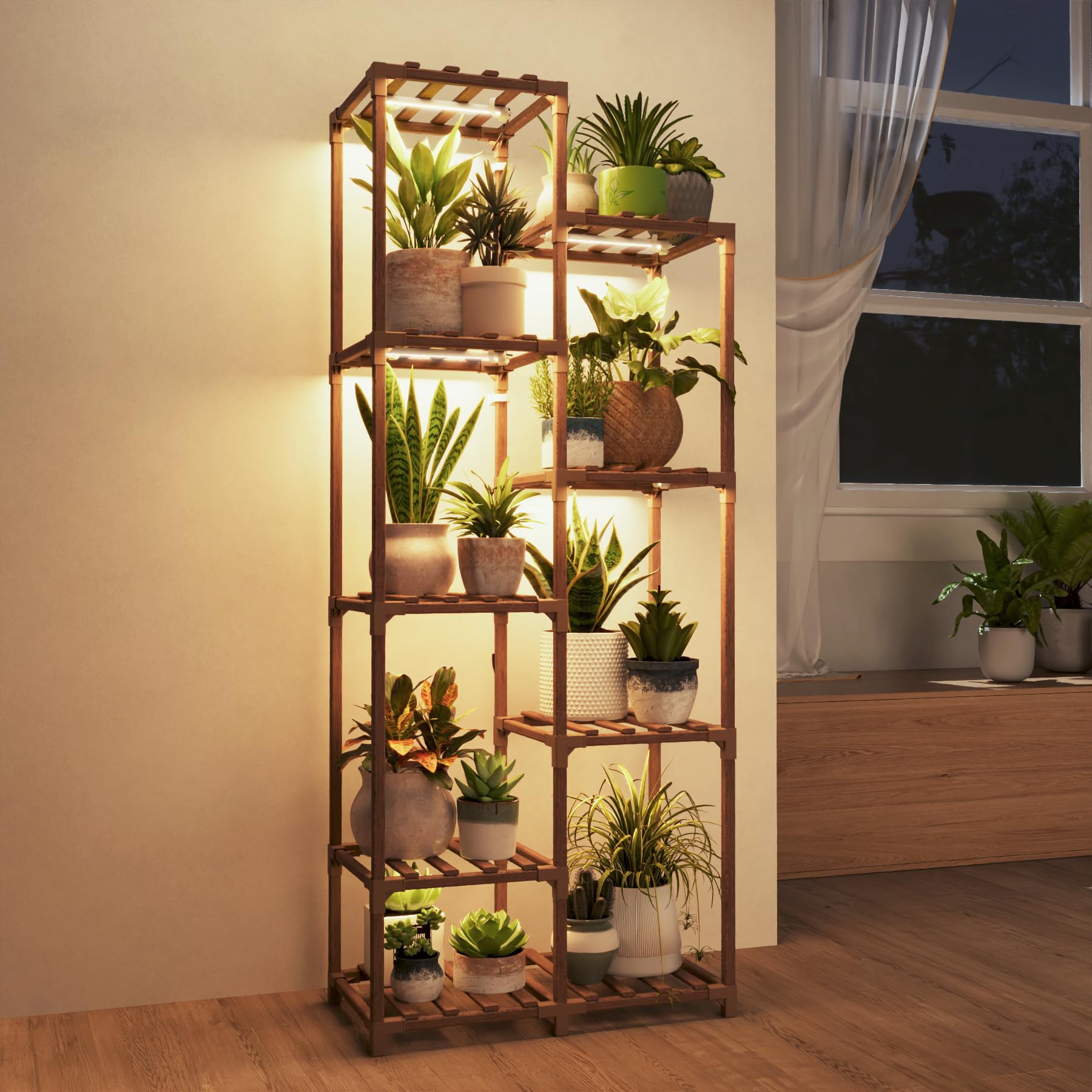 Bamworld plant stand with grow light showing LED modes for seedling growth.