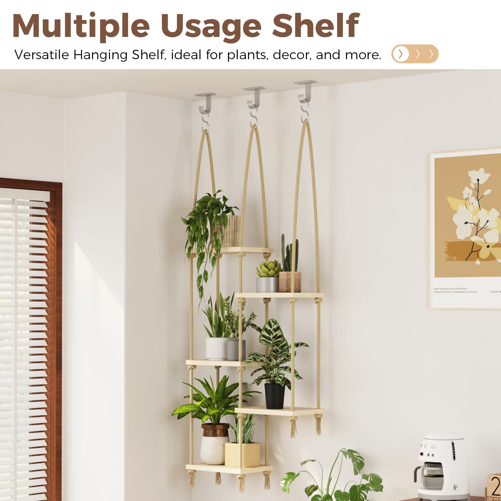 Bamworld hanging plant wall shelf blends natural wood with foliage.