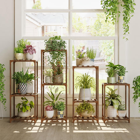 Bamworld indoor 4-set plant shelves neatly organize multiple plants in a compact space.