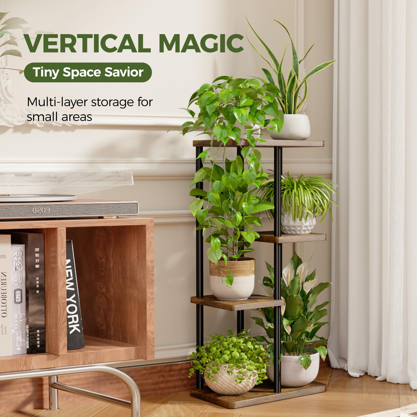 Bamworld indoor metal plant shelf shown in a modern home environment for organized greenery