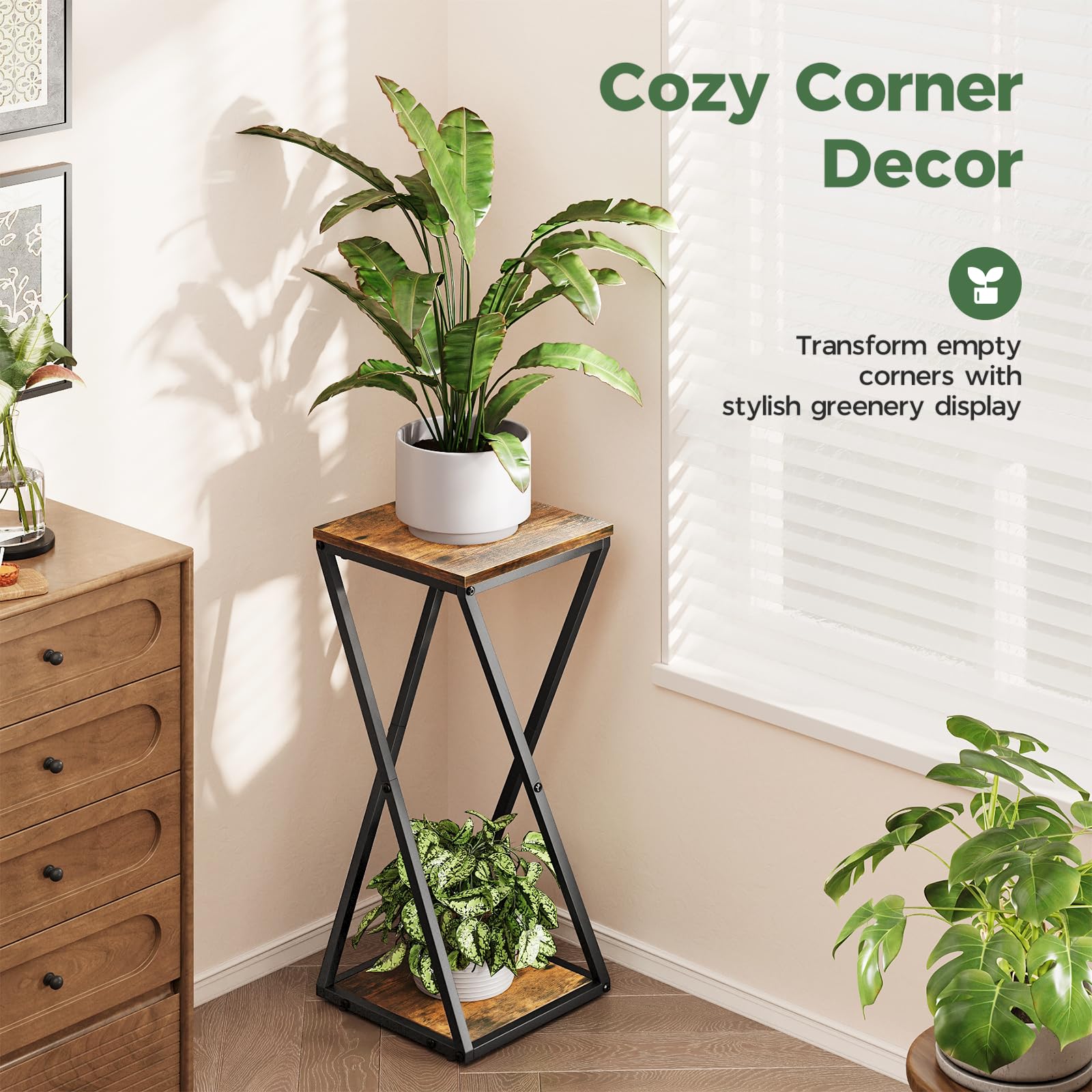 Bamworld indoor plant shelf blends wood and metal for a sturdy home accent.