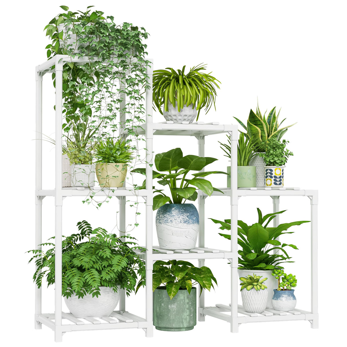Bamworld indoor plant stand with seven pots for organized living room display.
