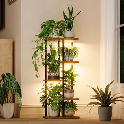 Bamworld indoor plant stand with grow light showing a space-saving 5-tier display for thriving greens