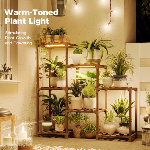 Bamworld ladder plant shelf holding seven pots for organized sun exposure.