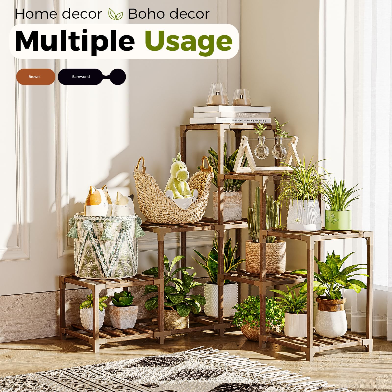 Bamworld multi-pot stand fits living rooms, balconies, and windowsills for vibrant greenery.