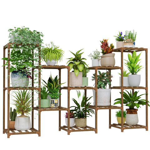 Bamworld large plant shelf outdoor wood stand with 12-tier pot display