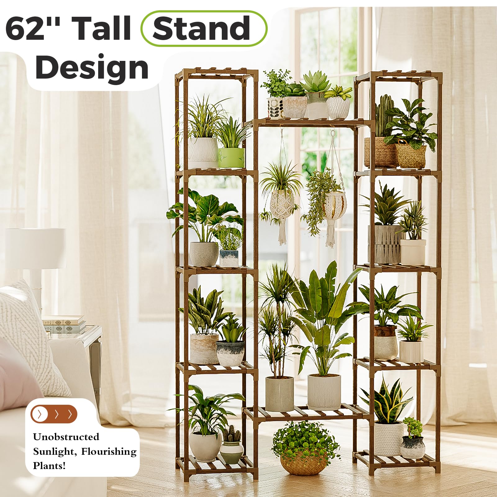 Bamworld large plant stand corner view highlighting efficient corner shelving for plants and sunlight
