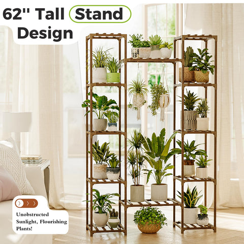 Bamworld large plant stand corner view highlighting efficient corner shelving for plants and sunlight
