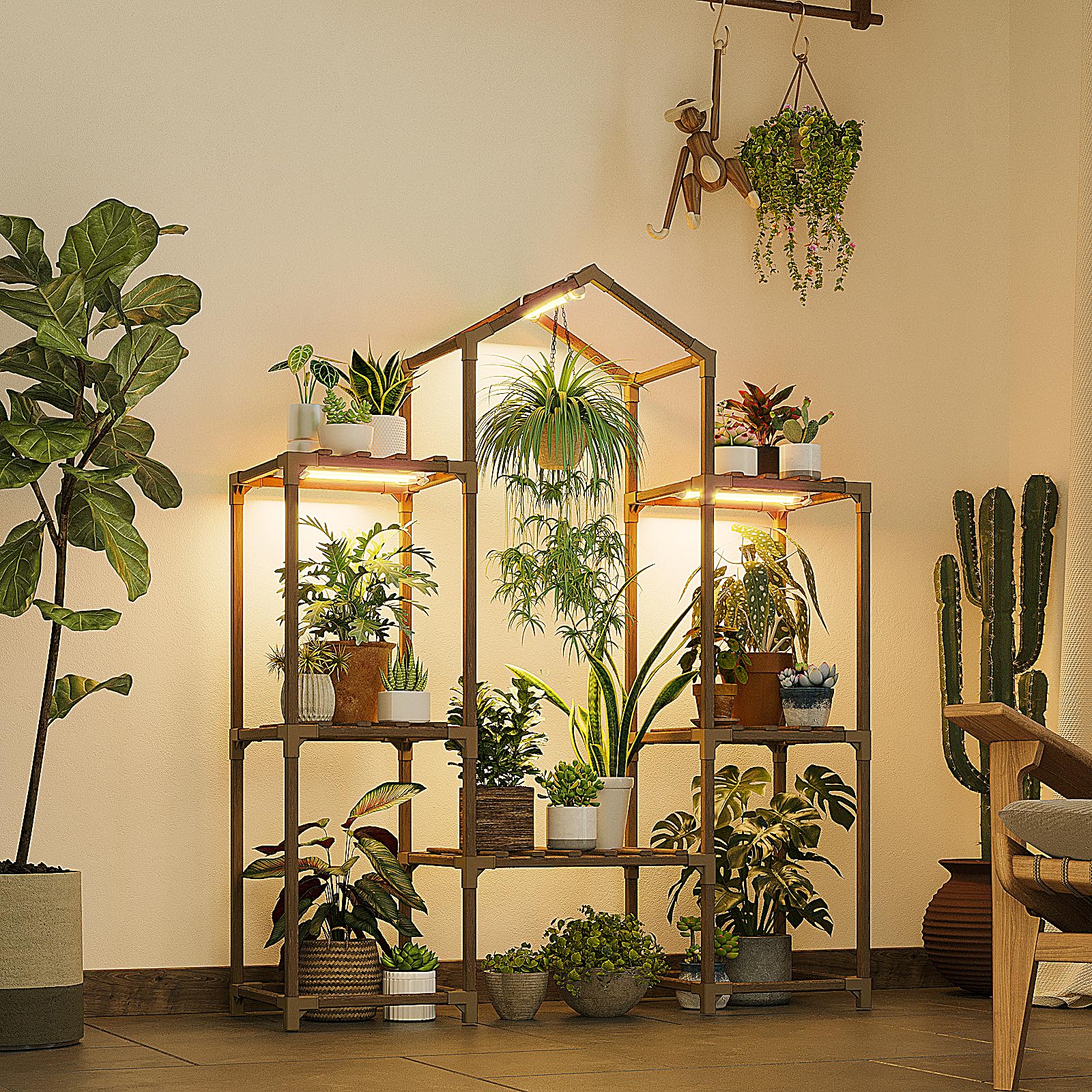 Bamworld living room setup shows cozy decor with plant lighting.
