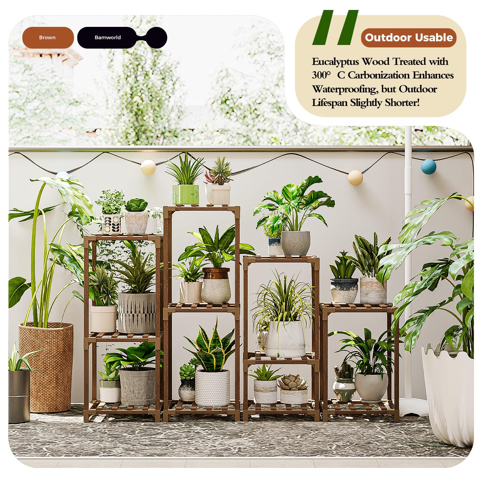 Bamworld multi-plant stands maximize space for diverse indoor greenery.