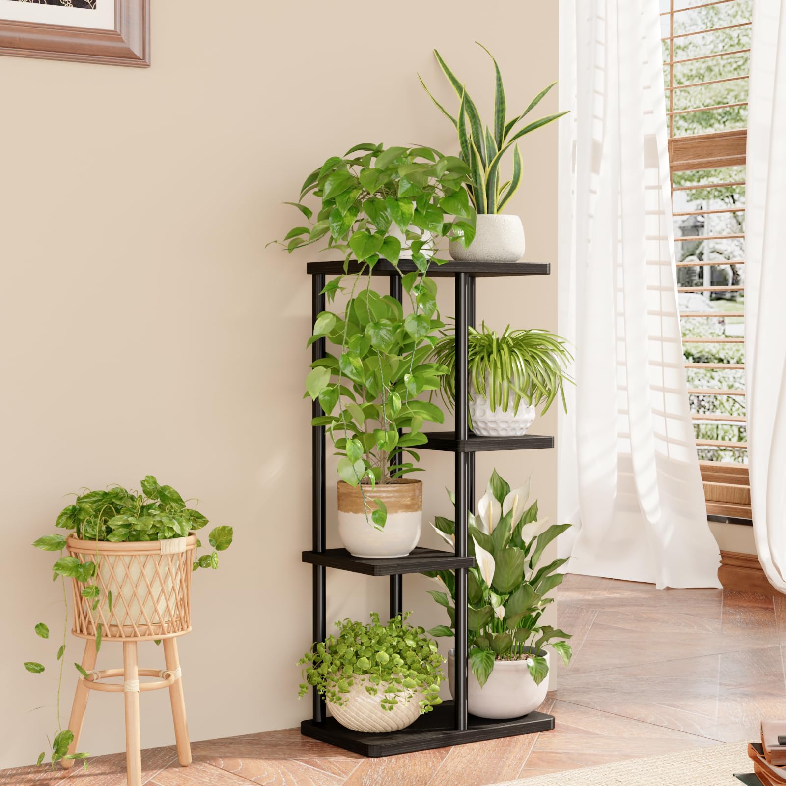 Bamworld metal plant shelf highlights sturdy construction for long-lasting use.