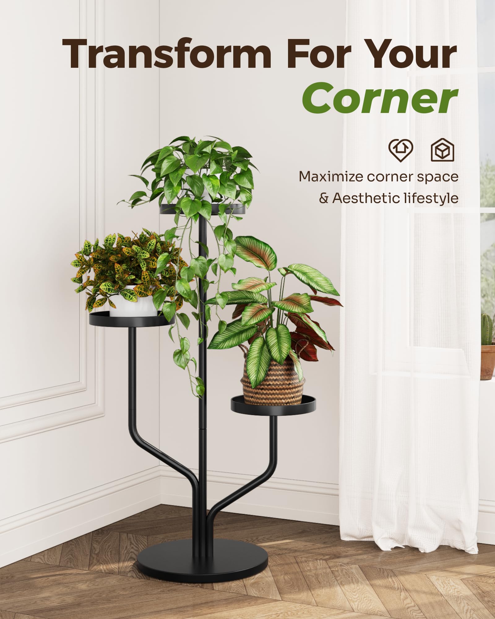 Bamworld metal plant shelf 3-tier holds multiple pots with sturdy support.